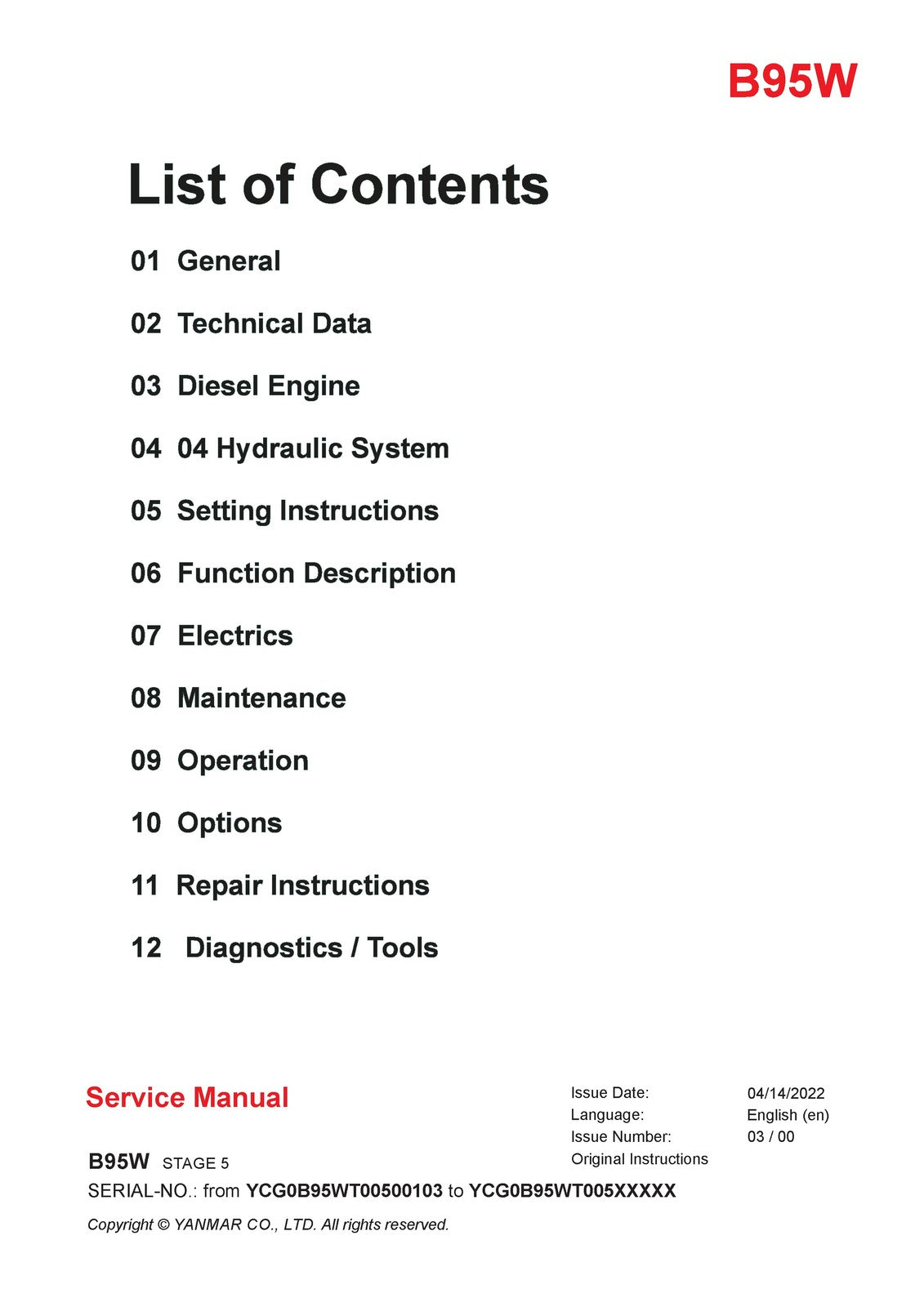 YANMAR B95W Stage 5 Excavator Service Manual 2022 - BOUND - COVERS - XL FOLDOUTS
