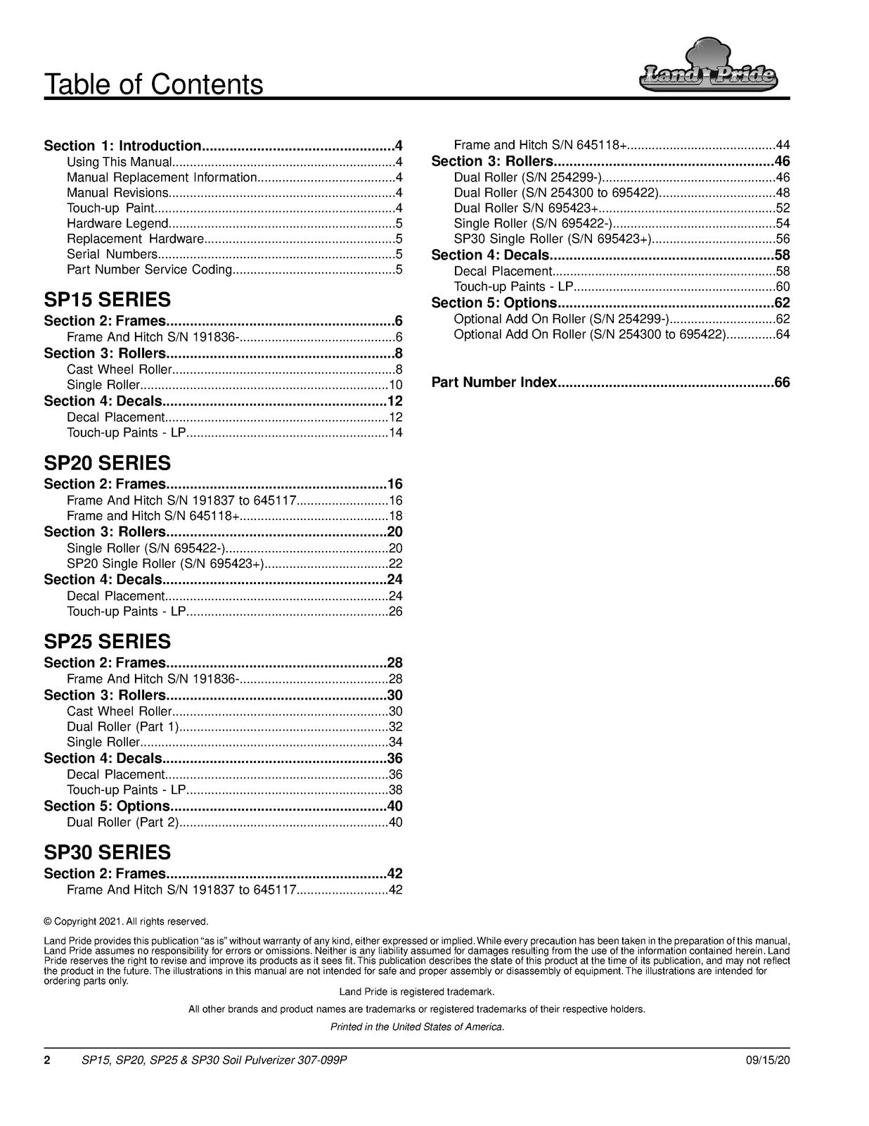 LAND PRIDE SP20 Series Soil Pulverizers Parts Manual 2021 - WIRE BOUND - COVERS