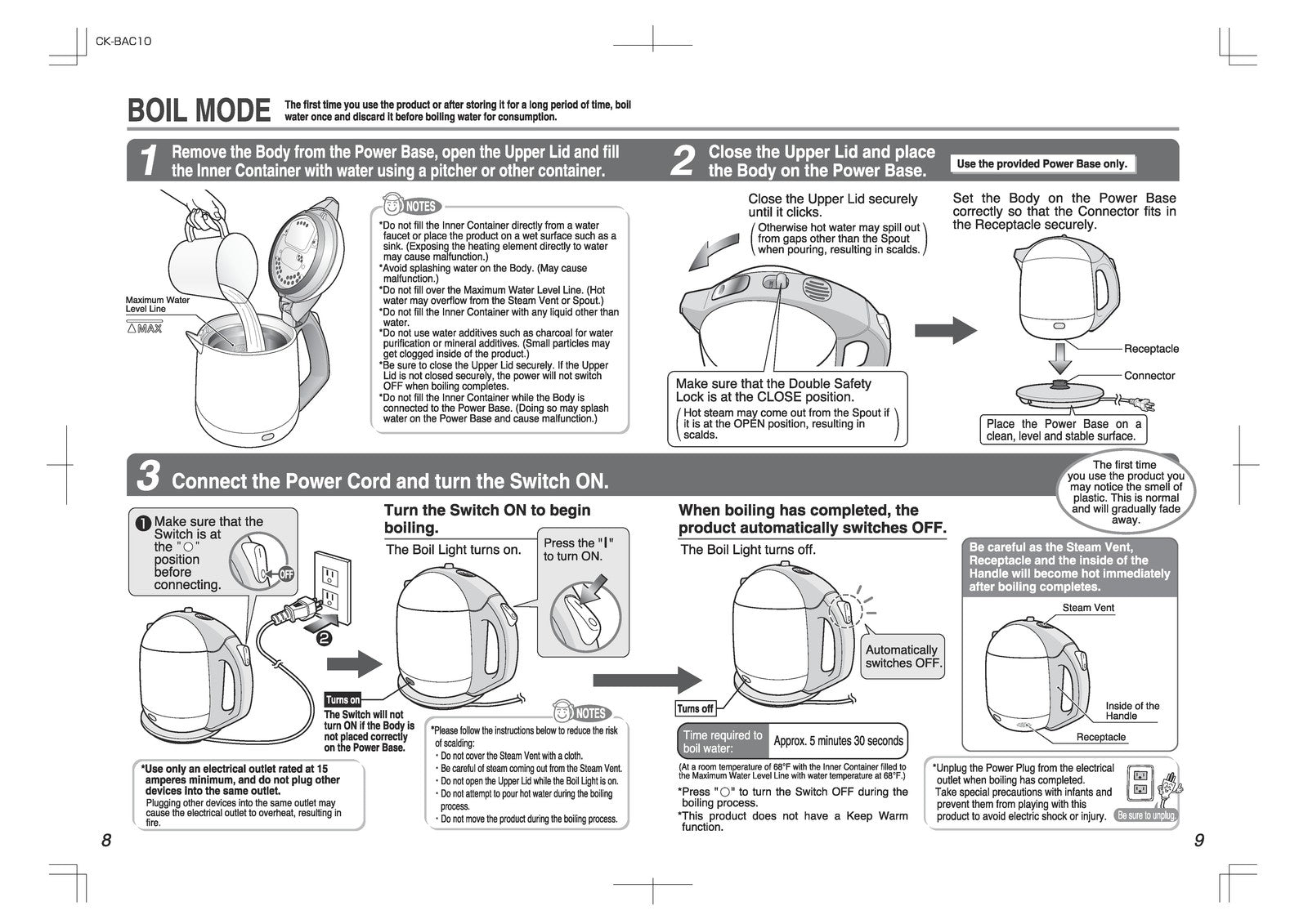 ZOJIRUSHI CK-BAC10 Electric Kettle Operating Instructions Manual - WIRE BOUND