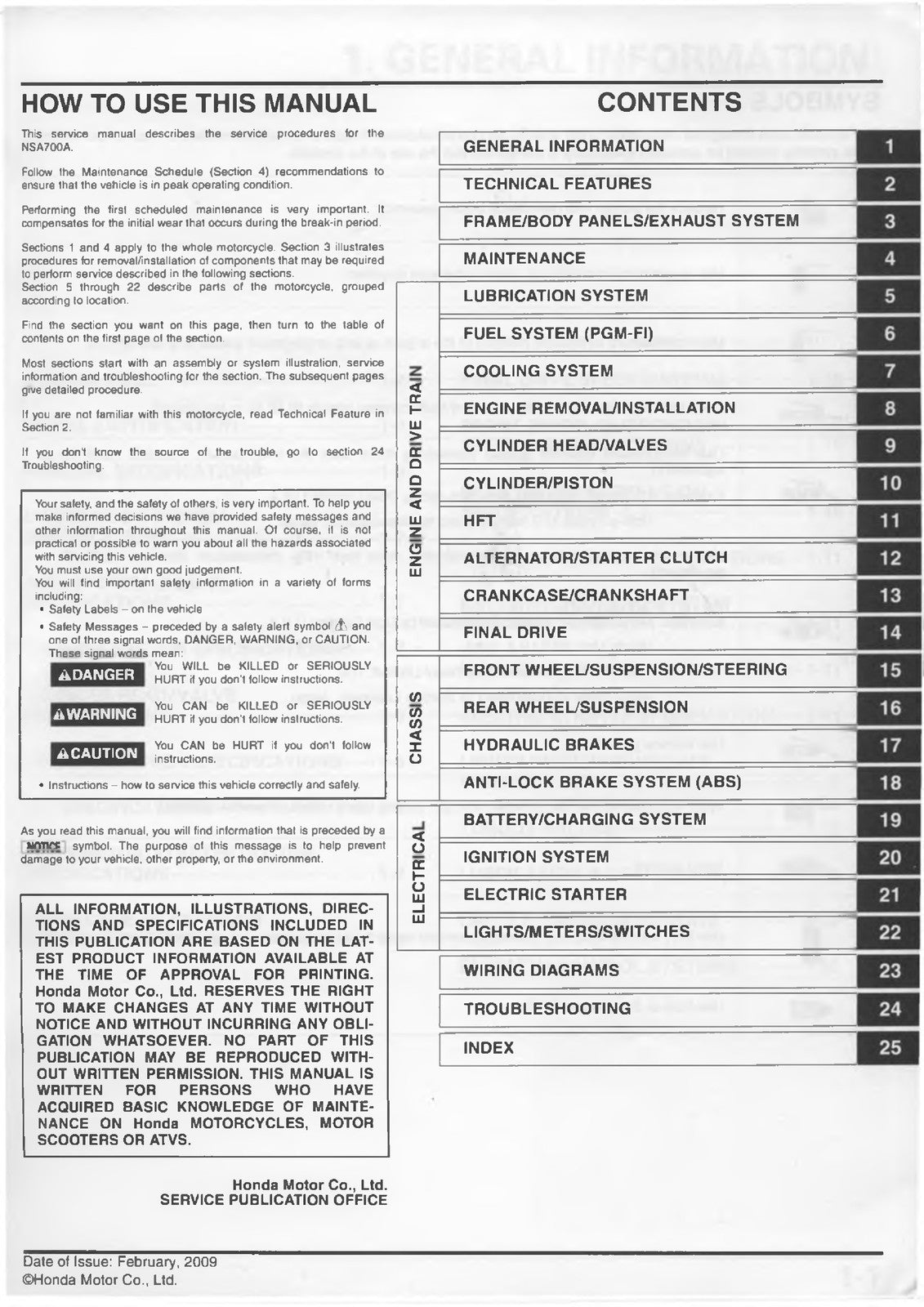 HONDA NSA700A Motorcycle Service Manual 2009 - BOUND - COVERS - XL FOLDOUT PAGES