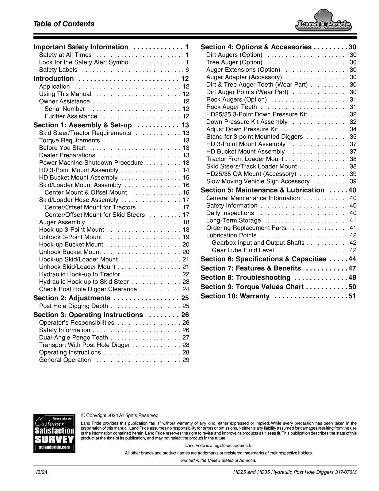 LAND PRIDE HD25 Series Post Hole Diggers Operators Manual - WIRE BOUND - COVERS