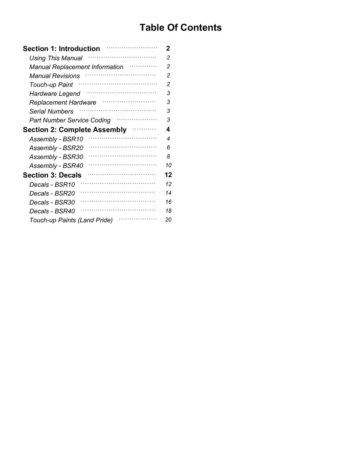 LAND PRIDE BSR10 Series Bale Spears Parts Manual 2026 - WIRE BOUND - COVERS