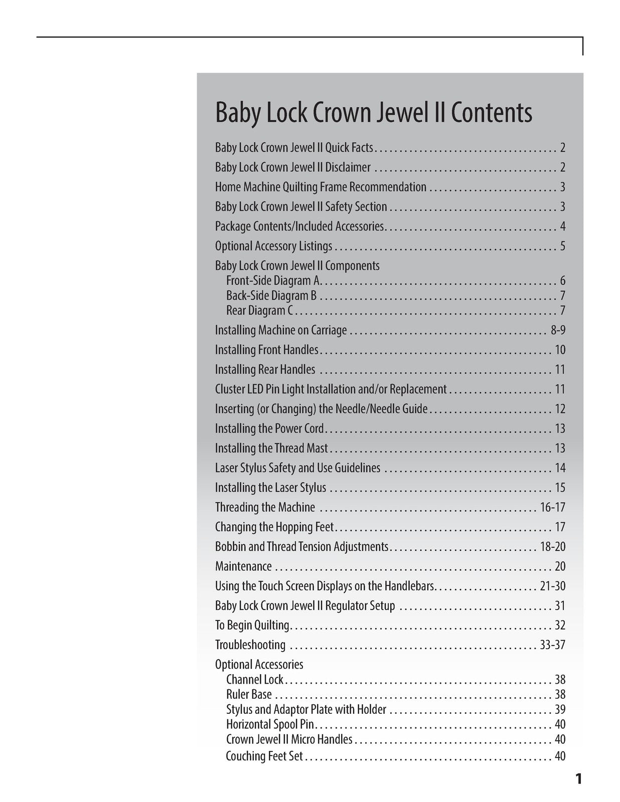 BABY LOCK Crown Jewel II BLCJ18-2 Quilting Machine Instruction Manual - BOUND