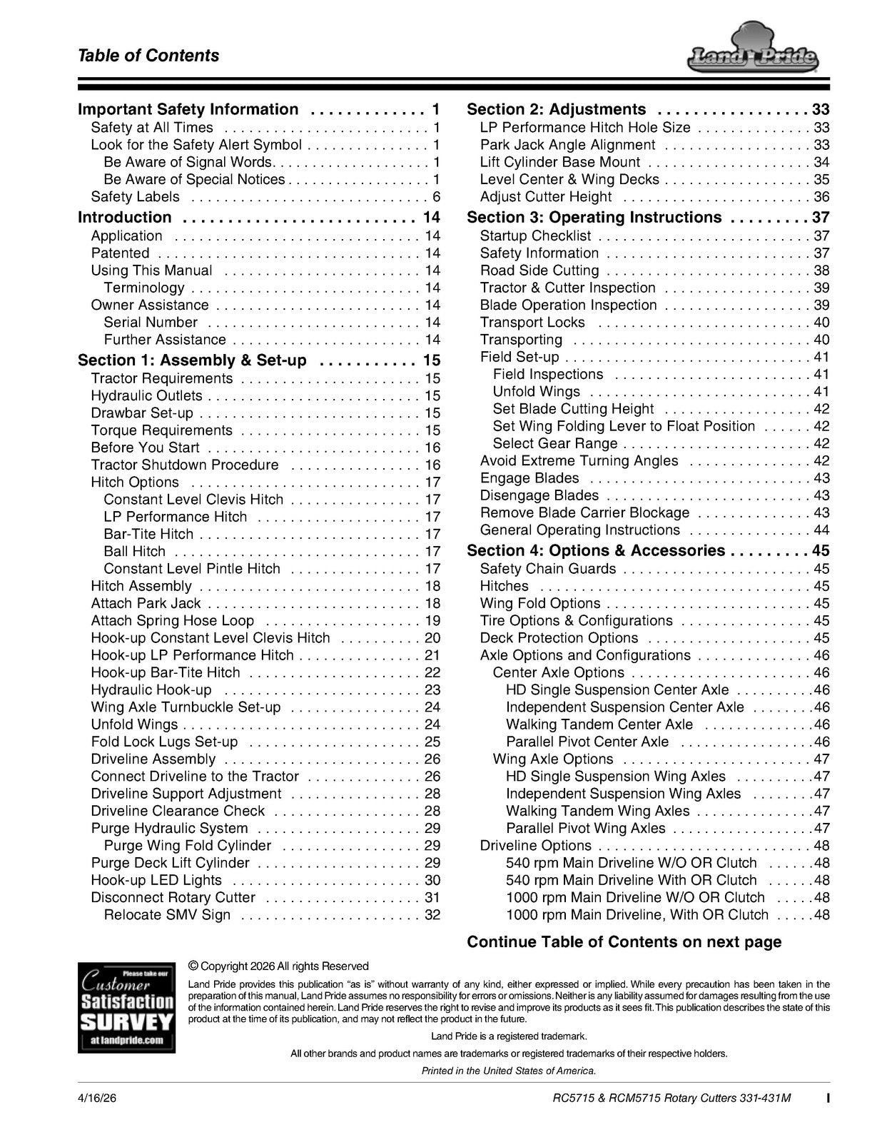 LAND PRIDE RC5715 Rotary Cutters Operators Manual - WIRE BOUND - TOUGH COVERS