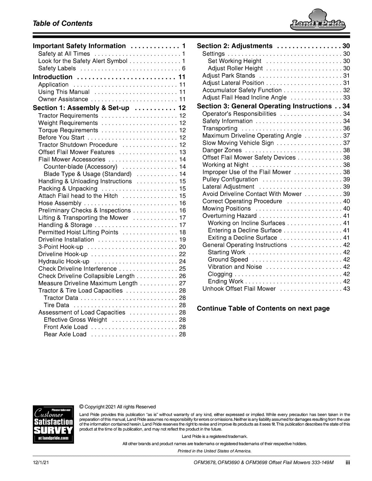 LAND PRIDE OFM36 Series Offset Flail Mowers Operators Manual - WIRE BOUND