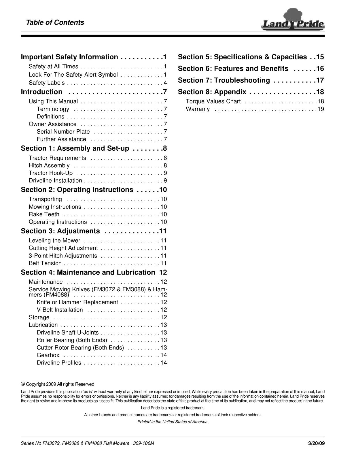 LAND PRIDE FM3072 FM3088 FM4088 Flail Mowers Operators Manual 2009 - WIRE BOUND