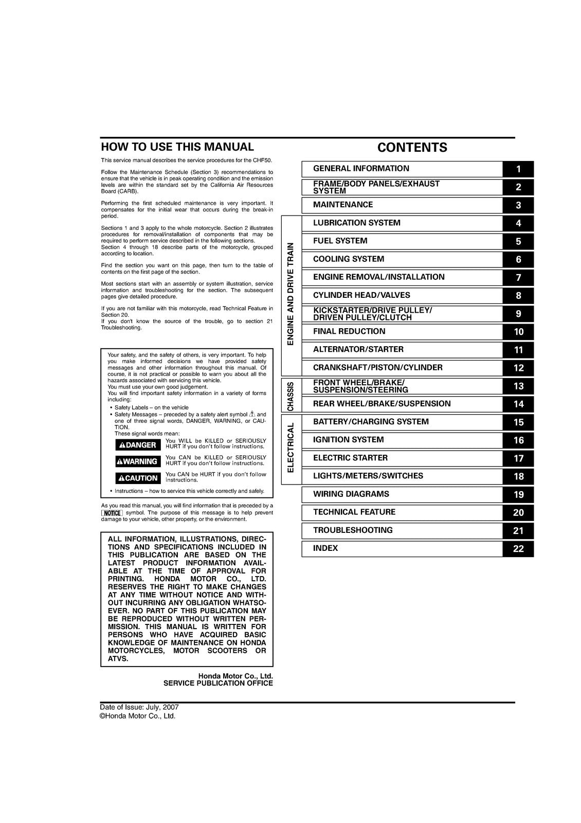 HONDA Metropolitan CHF50 Scooter Service Manual - BOUND - COVERS - XL FOLDOUTS
