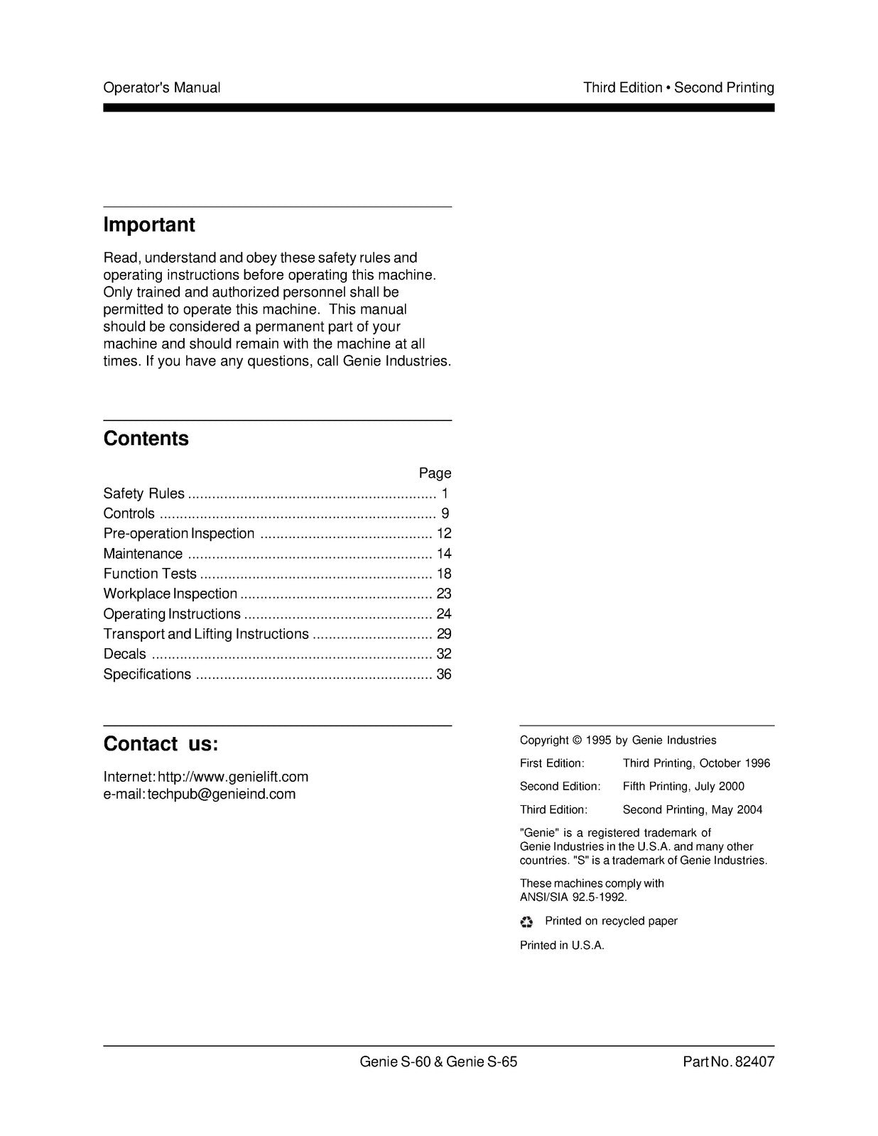 GENIE S-60 S-65 Operators Manual With Maintenance Information 2004 - WIRE BOUND