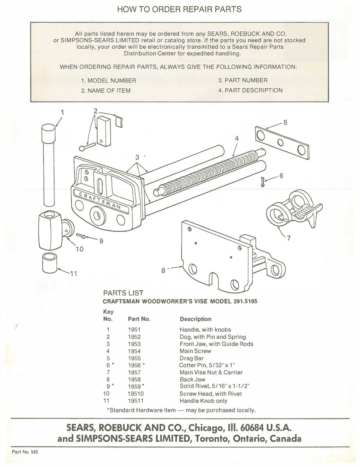 SEARS CRAFTSMAN 3915195 Woodworkers Vise Owners Manual And Parts List, FOLDOUTS