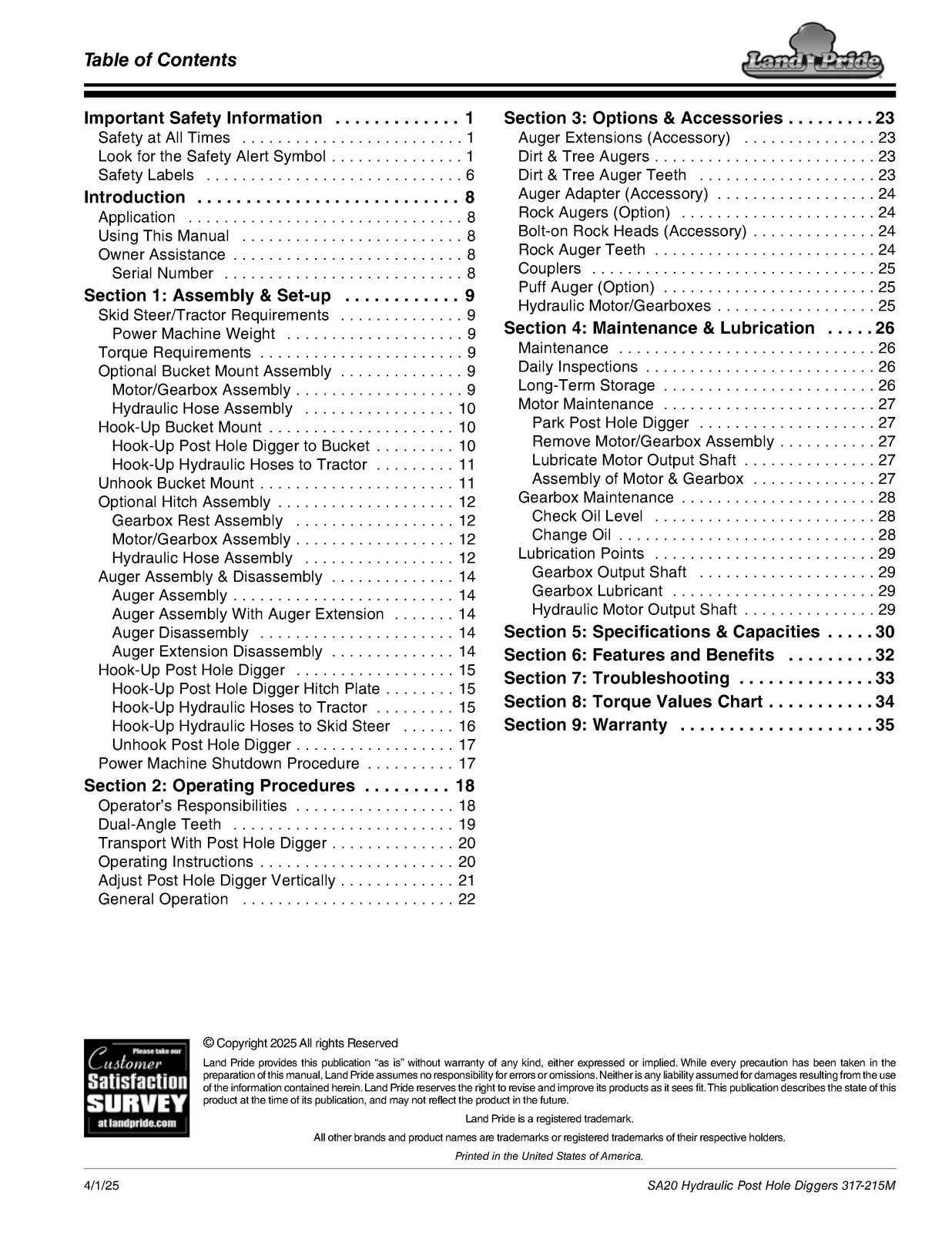 LAND PRIDE SA20 Series Post Hole Digger Operators Manual - WIRE BOUND - COVERS
