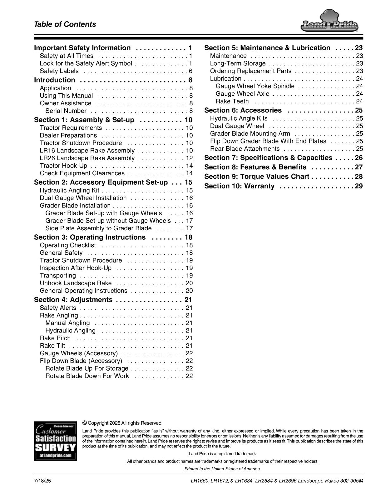 LAND PRIDE LR16 Series Landscape Rakes Operators Manual - WIRE BOUND - COVERS