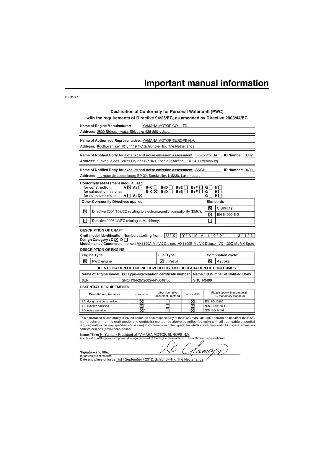 YAMAHA 2013 WaveRunner VX Sport VX Deluxe VX Owners Operators Manual - BOUND
