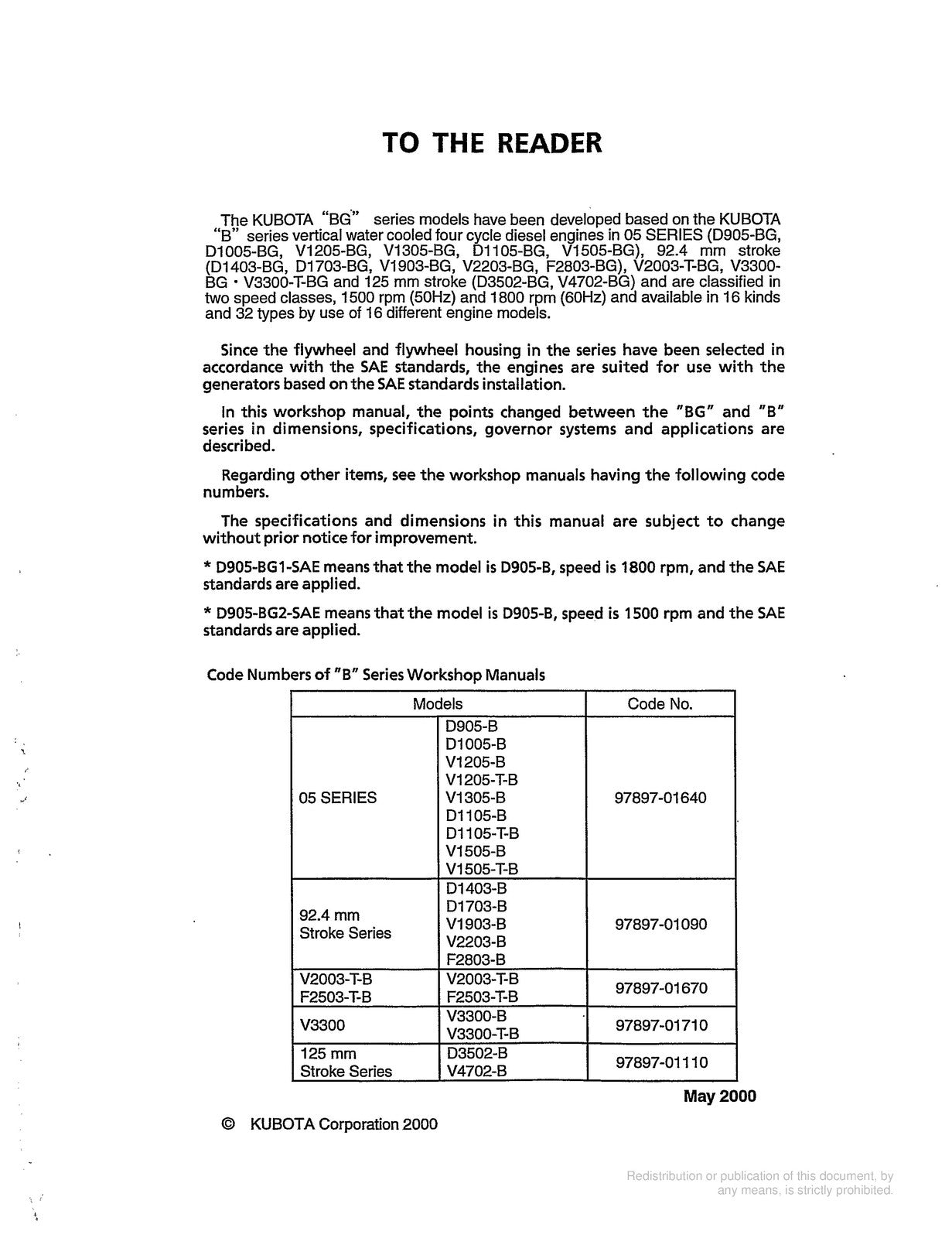 KUBOTA BG Series Diesel Engine Workshop Manual 2000 - WIRE BOUND - TOUGH COVERS