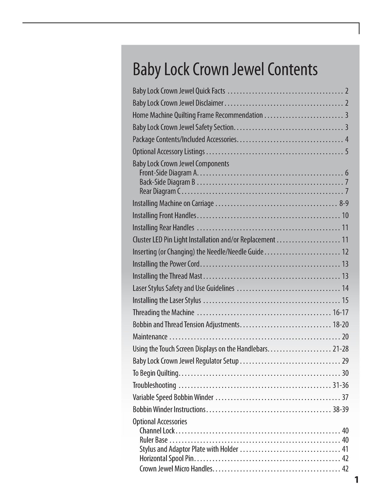 BABY LOCK Crown Jewel Quilting Machine Instruction Manual - WIRE BOUND - COVERS