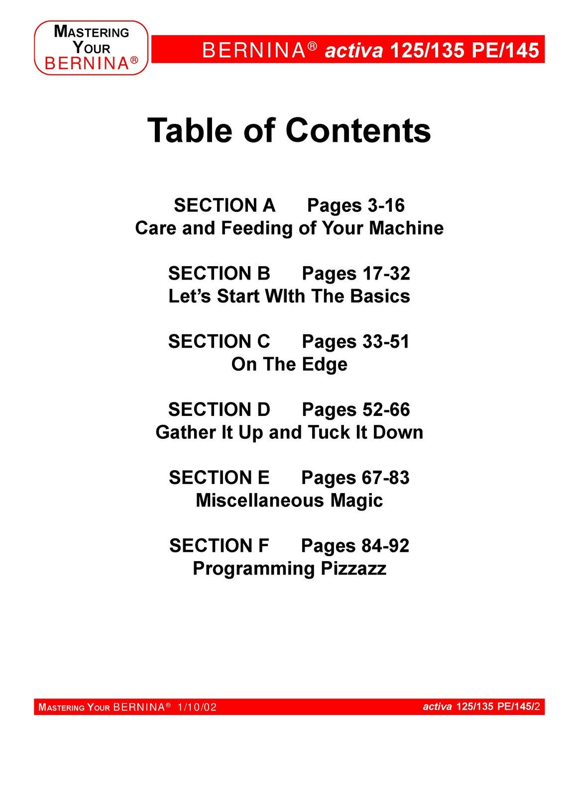 BERNINA Activa 125 135 PE 145 Mastery Workbook - STEEL WIRE BOUND - TOUGH COVERS