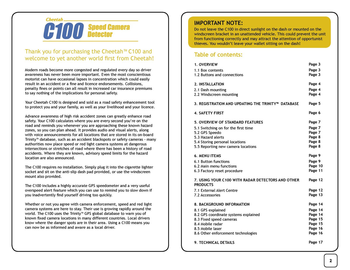 CHEETAH C100 Speed Camera Detector Owners Manual - WIRE BOUND - TOUGH COVERS