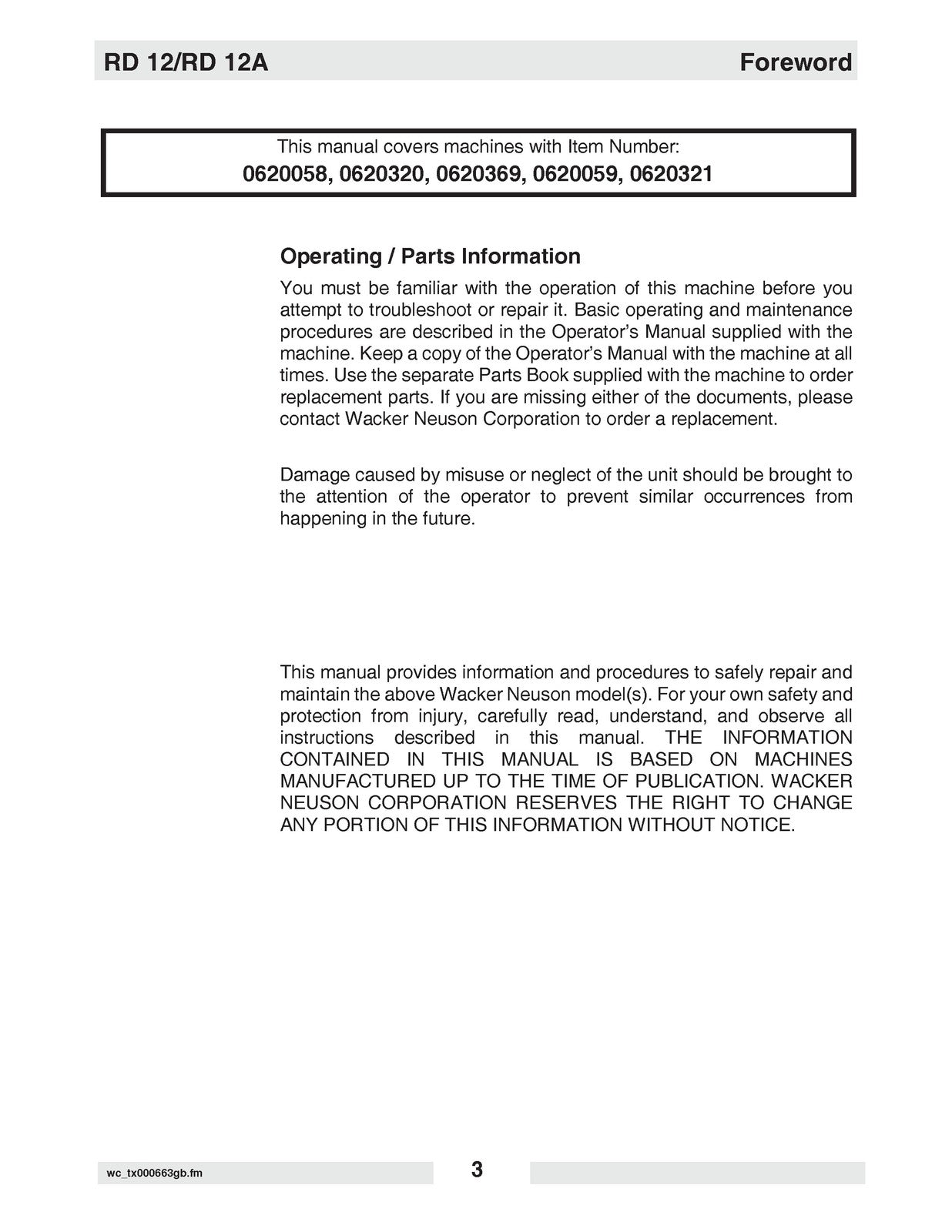 WACKER NEUSON RD 12 Roller Repair Manual - STEEL WIRE BOUND - PROTECTIVE COVERS