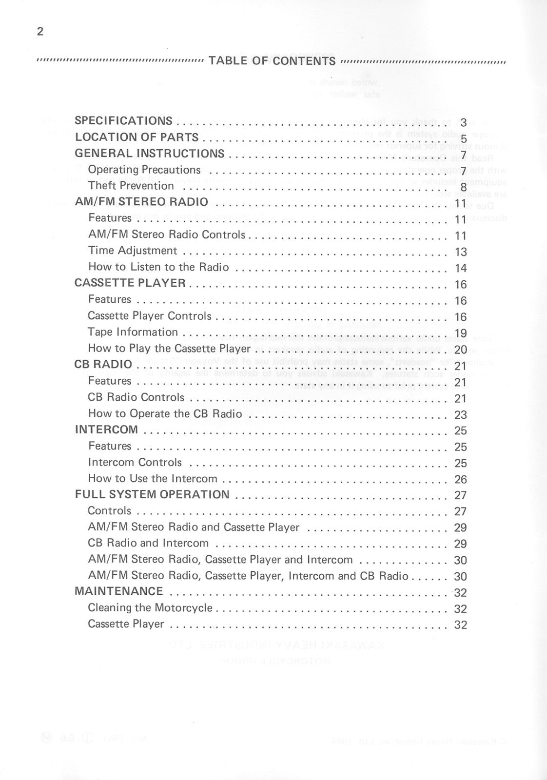 KAWASAKI Voyager Audio Systems Operators Manual 1984 - WIRE BOUND - TOUGH COVERS