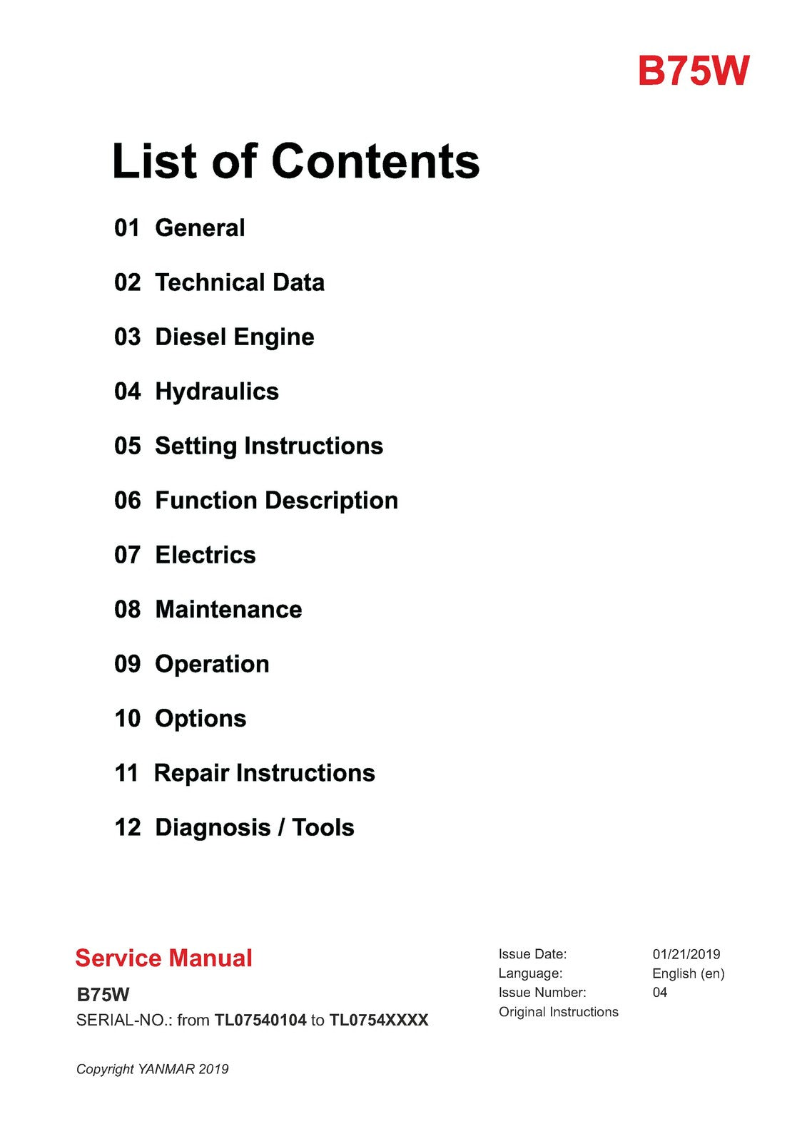 YANMAR B75W Wheeled Excavator Service Manual SN TL07540104 Up, FOLDOUTS