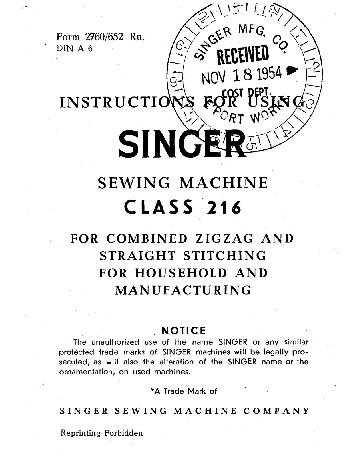 SINGER 216G Zig-Zag Sewing Machine Instruction Manual - WIRE BOUND - COVERS