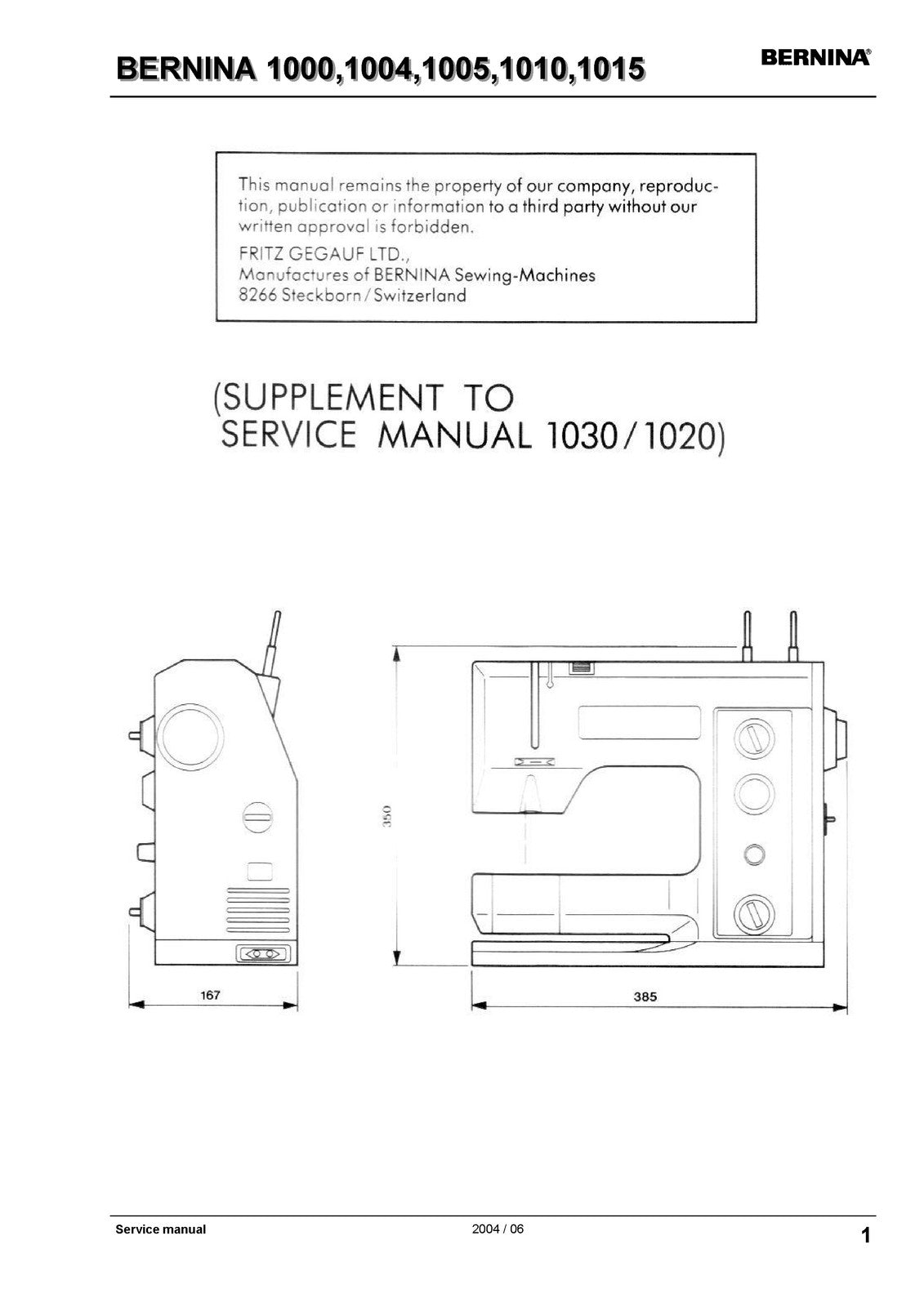 BERNINA 1000 1004 1005 1010 1015 SERVICE MANUAL (NOT User Manual) BOUND, COVERS
