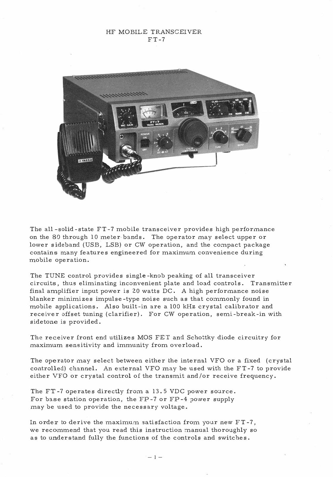 YAESU FT-7 HF Mobile Transceiver Instruction Manual - BOUND - COVERS - FOLDOUTS