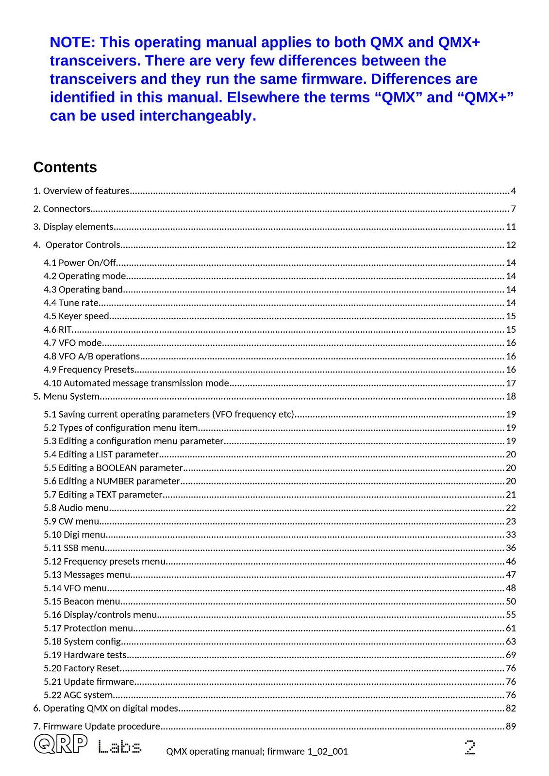 QRP LABS QMX QMX Multimode Transceiver Operating Manual - WIRE BOUND - COVERS