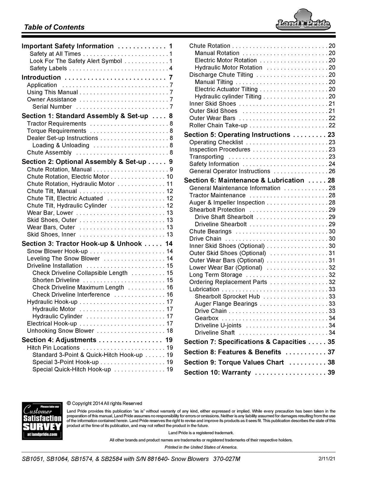 LAND PRIDE SB10 Series Snow Blowers Operators Manual 2014 - WIRE BOUND - COVERS