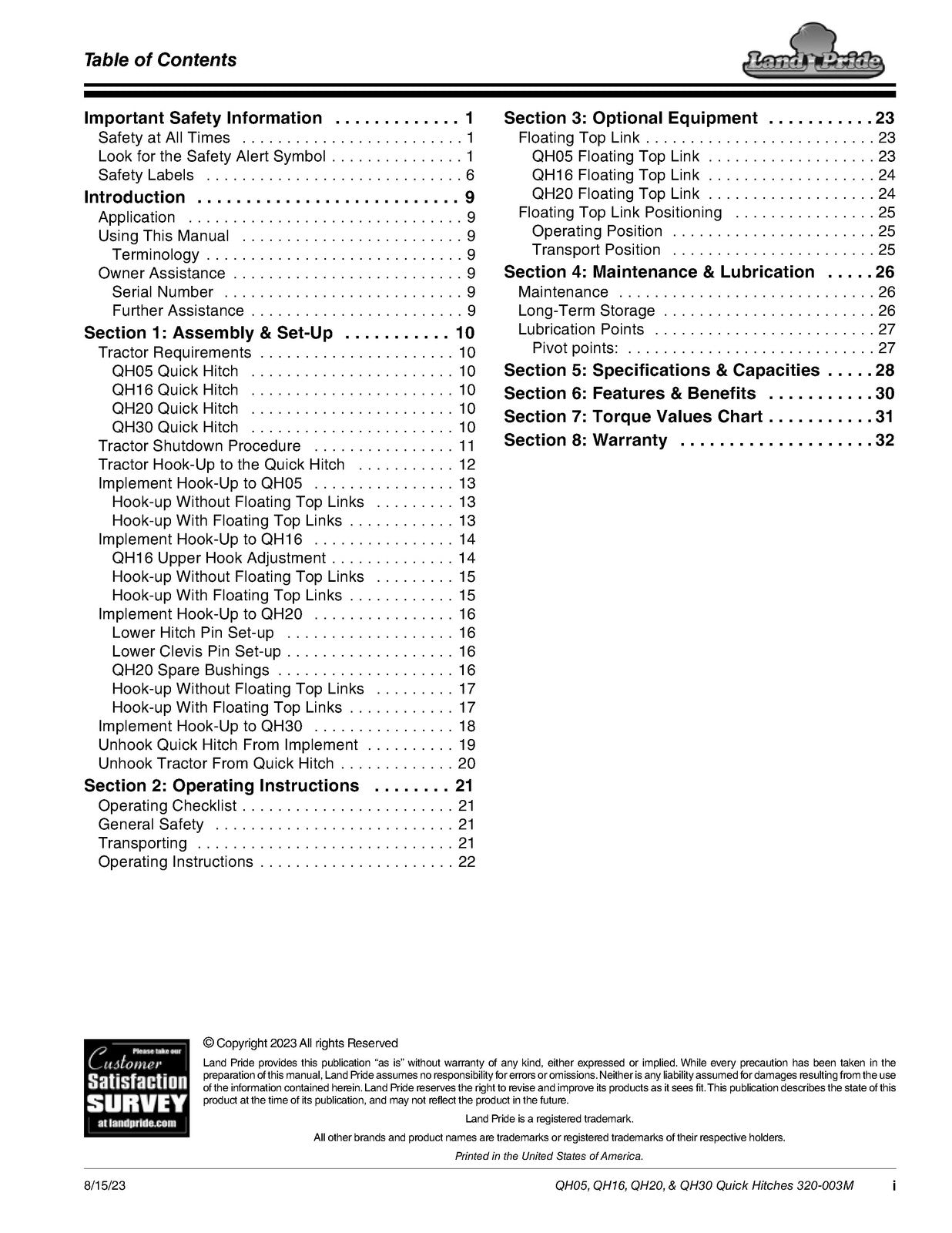 LAND PRIDE QH05 QH16 QH20 QH30 Quick Hitch Operators Manual 2023 - WIRE BOUND