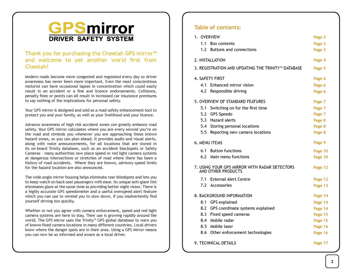 CHEETAH GPS Mirror Driver Safety System User Manual - WIRE BOUND - TOUGH COVERS