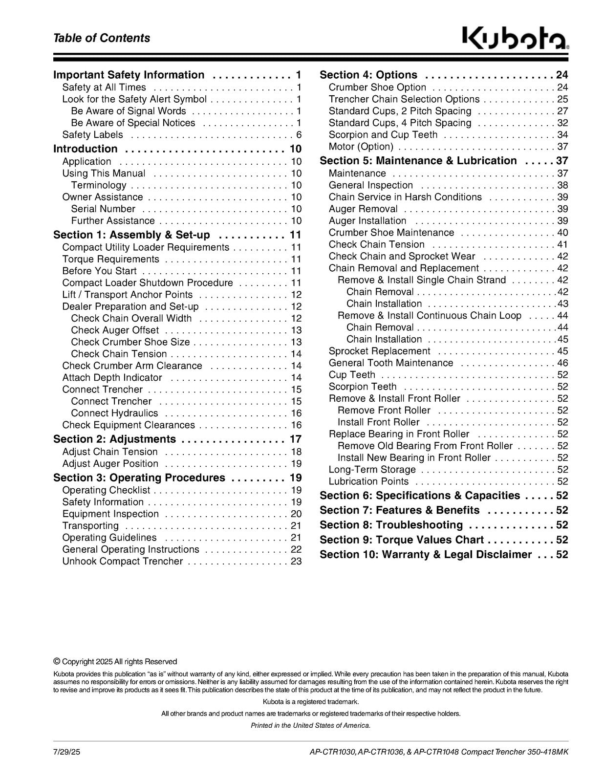 LAND PRIDE CTR10 Series Compact Trenchers Operators Manual - WIRE BOUND - COVERS