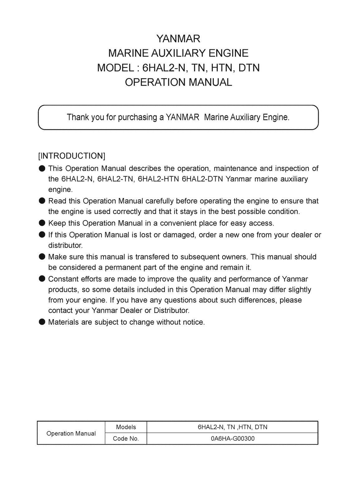 YANMAR 6HAL2-N 6HAL2-TN 6HAL2-HTN 6HAL2-DTN Operators Manual - WIRE BOUND