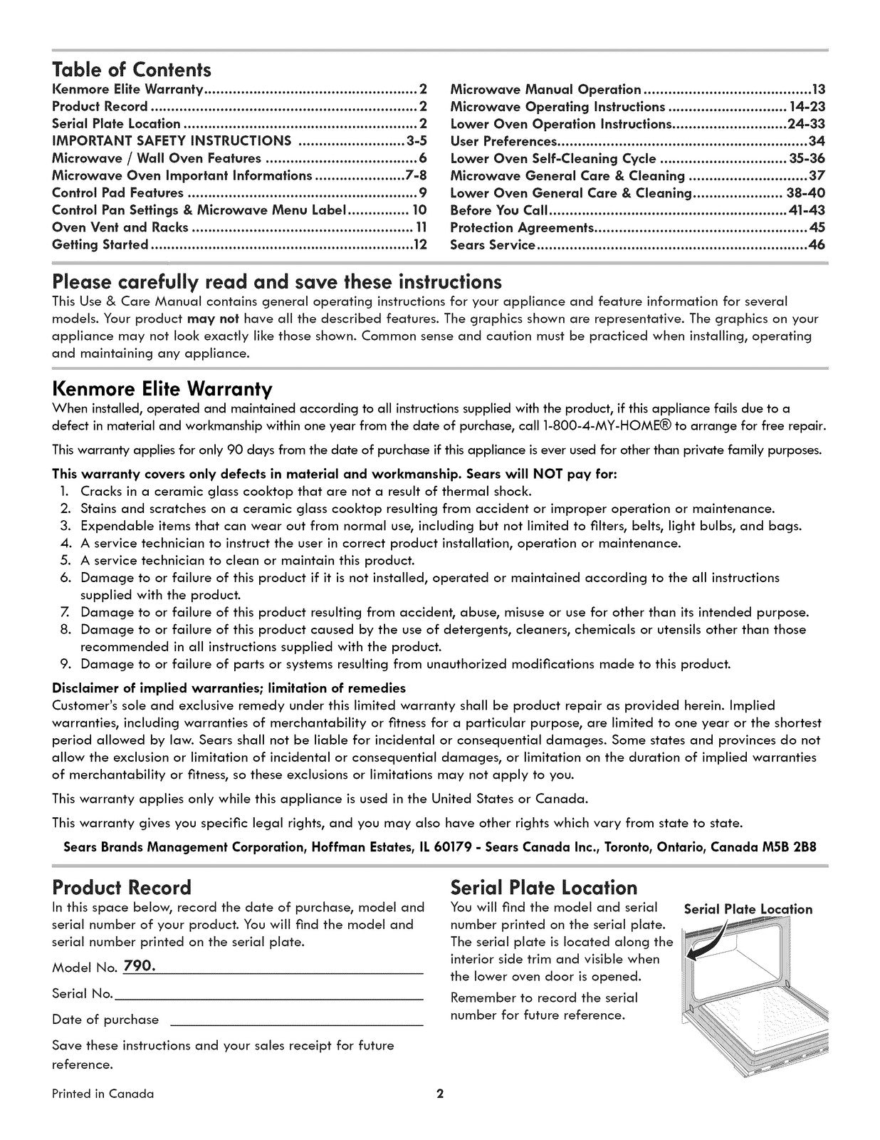 KENMORE ELITE 7904890 7904880 Microwave Combination Oven Use And Manual