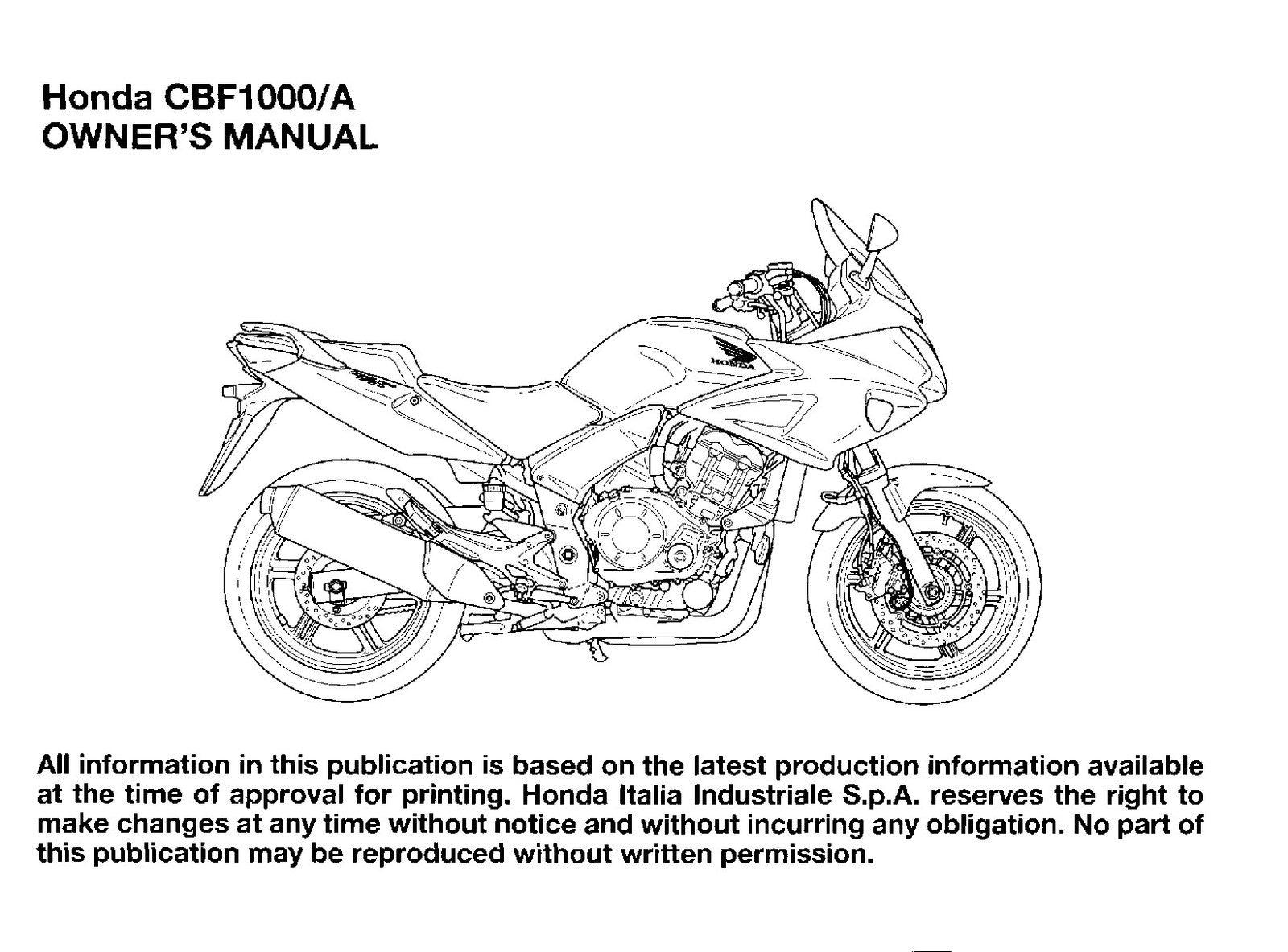 HONDA CBF1000A Motorcycle Owners Manual - STEEL WIRE BOUND - PROTECTIVE COVERS