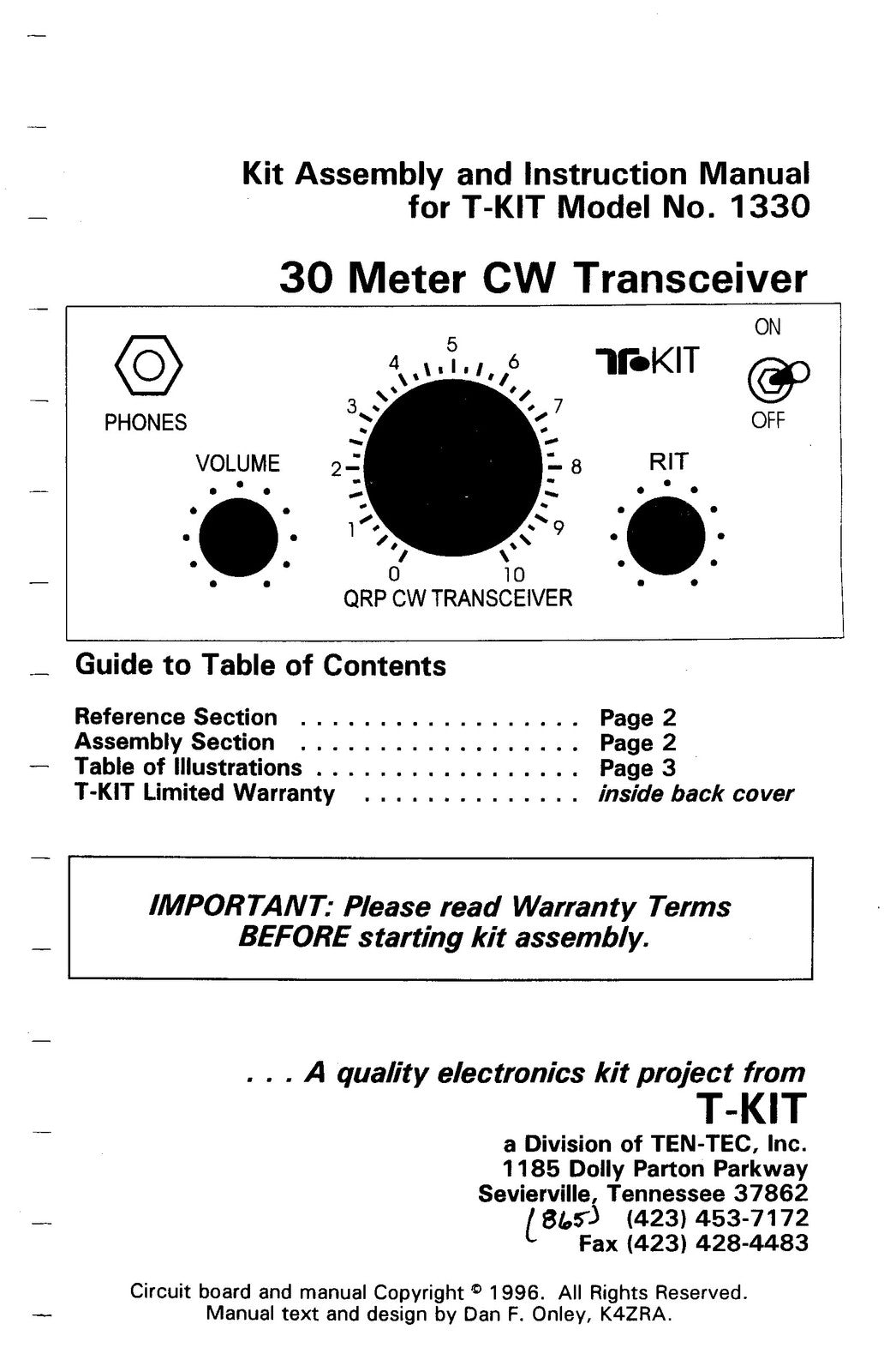 TEN TEC 1330 30 Meter CW Transceiver User Manual - BOUND - COVERS - XL FOLDOUTS