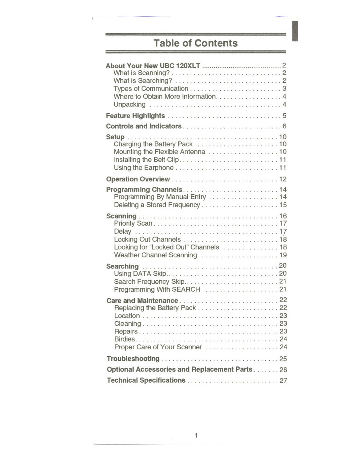 UNIDEN UBC 120XLT Scanner Operating Guide Manual - WIRE BOUND - TOUGH COVERS
