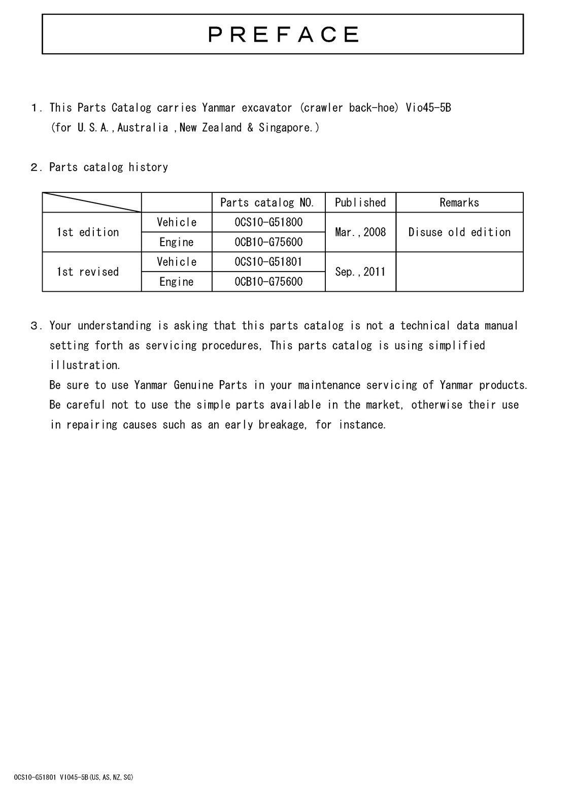 YANMAR VIO45-5 VIO45-5B Excavator Parts Manual 2017 - WIRE BOUND - TOUGH COVERS