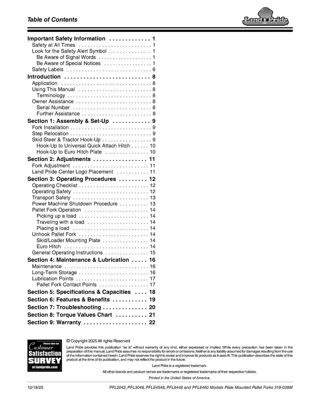 LAND PRIDE PFL20 PFL30 PFLE45 PFL64 Pallet Forks Operators Manual - WIRE BOUND