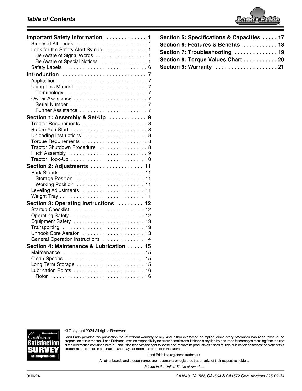 LAND PRIDE CA15 Series Core Aerators Operators Manual - WIRE BOUND - COVERS
