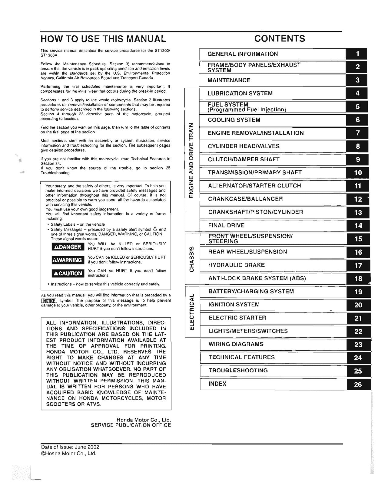 HONDA ST1300 Motorcycle Workshop Manual - BOUND - COVERS - XL FOLDOUT PAGES