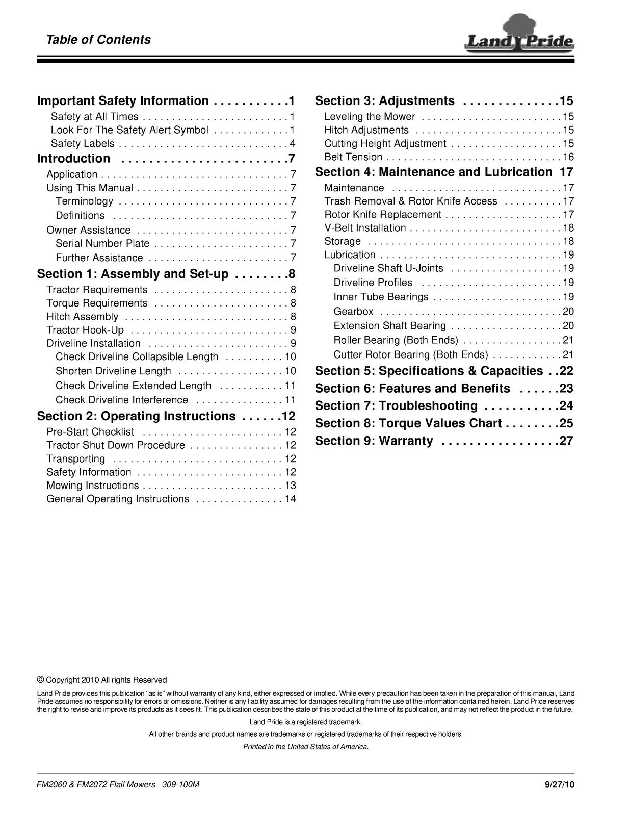 LAND PRIDE FM2060 FM2072 Flail Mowers Operators Manual 2010 - WIRE BOUND