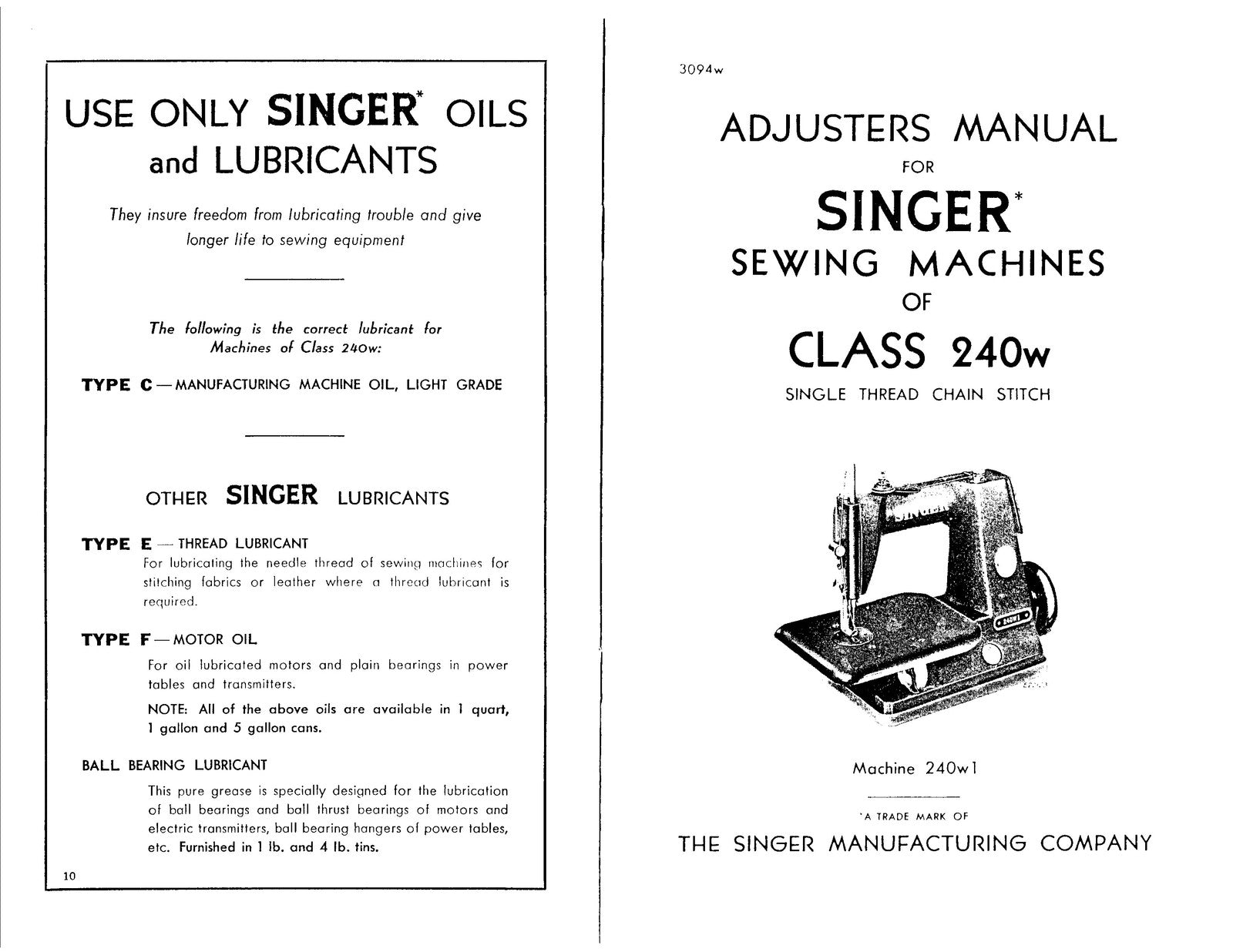 SINGER 240W Sewing Machine Service Manual - STEEL WIRE BOUND - PROTECTIVE COVERS