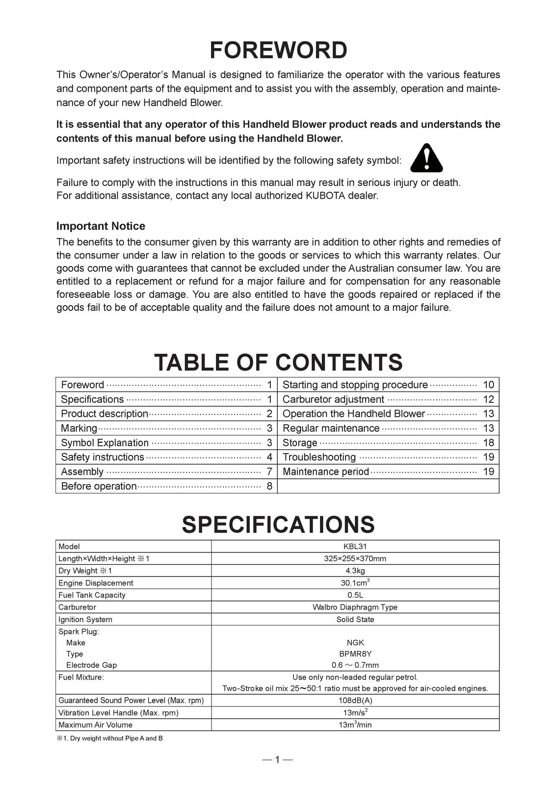 KUBOTA KBL31 Handheld Blower Owners Operators Manual - WIRE BOUND - TOUGH COVERS