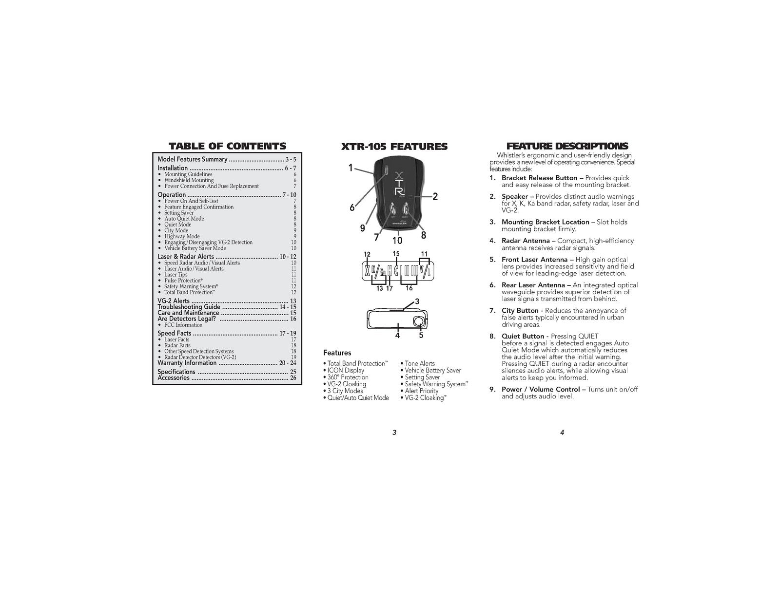 WHISTLER XTR-105 Laser Radar Detector Owners Manual 2007 - WIRE BOUND - COVERS