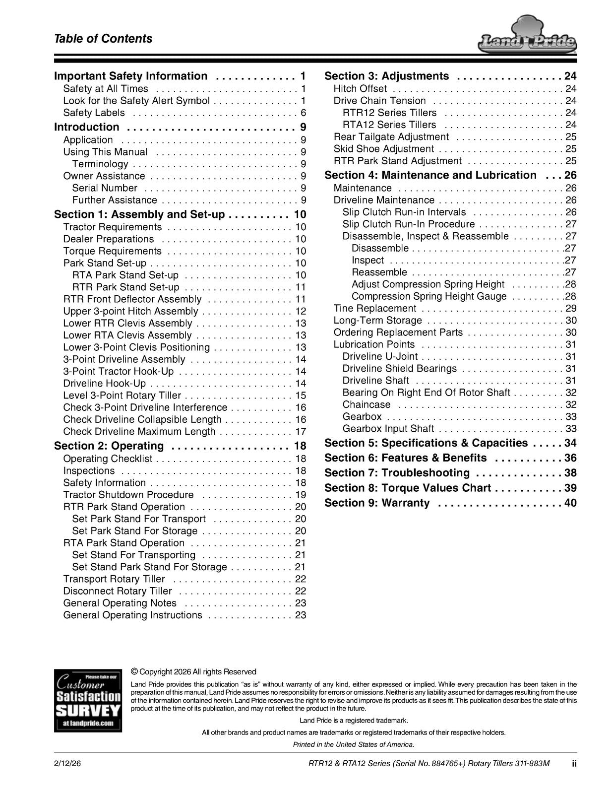 LAND PRIDE RTA12 Series Forward Rotation Rotary Tillers Operators Manual - BOUND