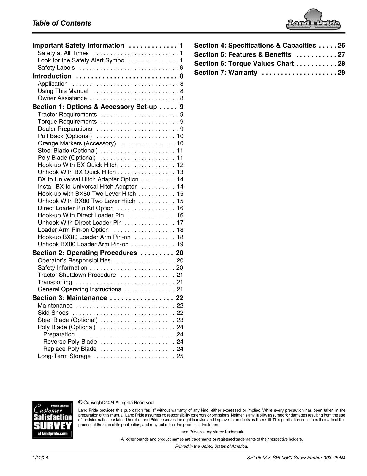 LAND PRIDE SPL05 Series Loader Mount Snow Pushers Operators Manual - WIRE BOUND