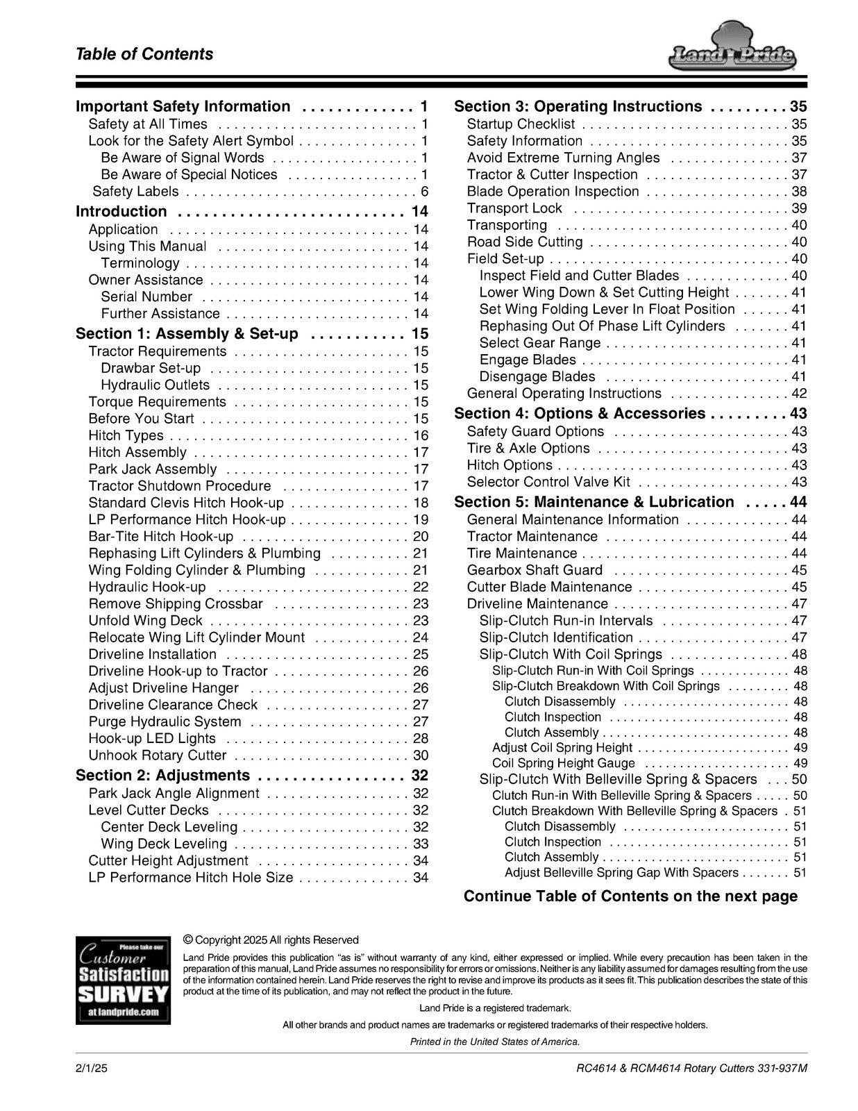 LAND PRIDE RC4614 Rotary Cutter Operators Manual - WIRE BOUND - TOUGH COVERS