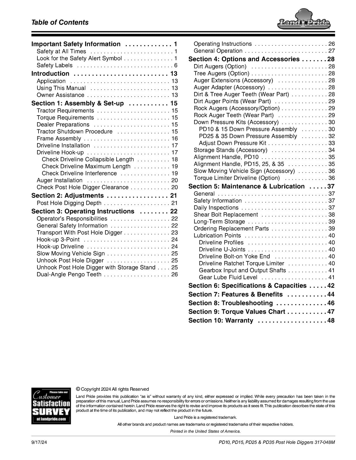 LAND PRIDE PD10 Series Post Hole Diggers Operators Manual - WIRE BOUND - COVERS