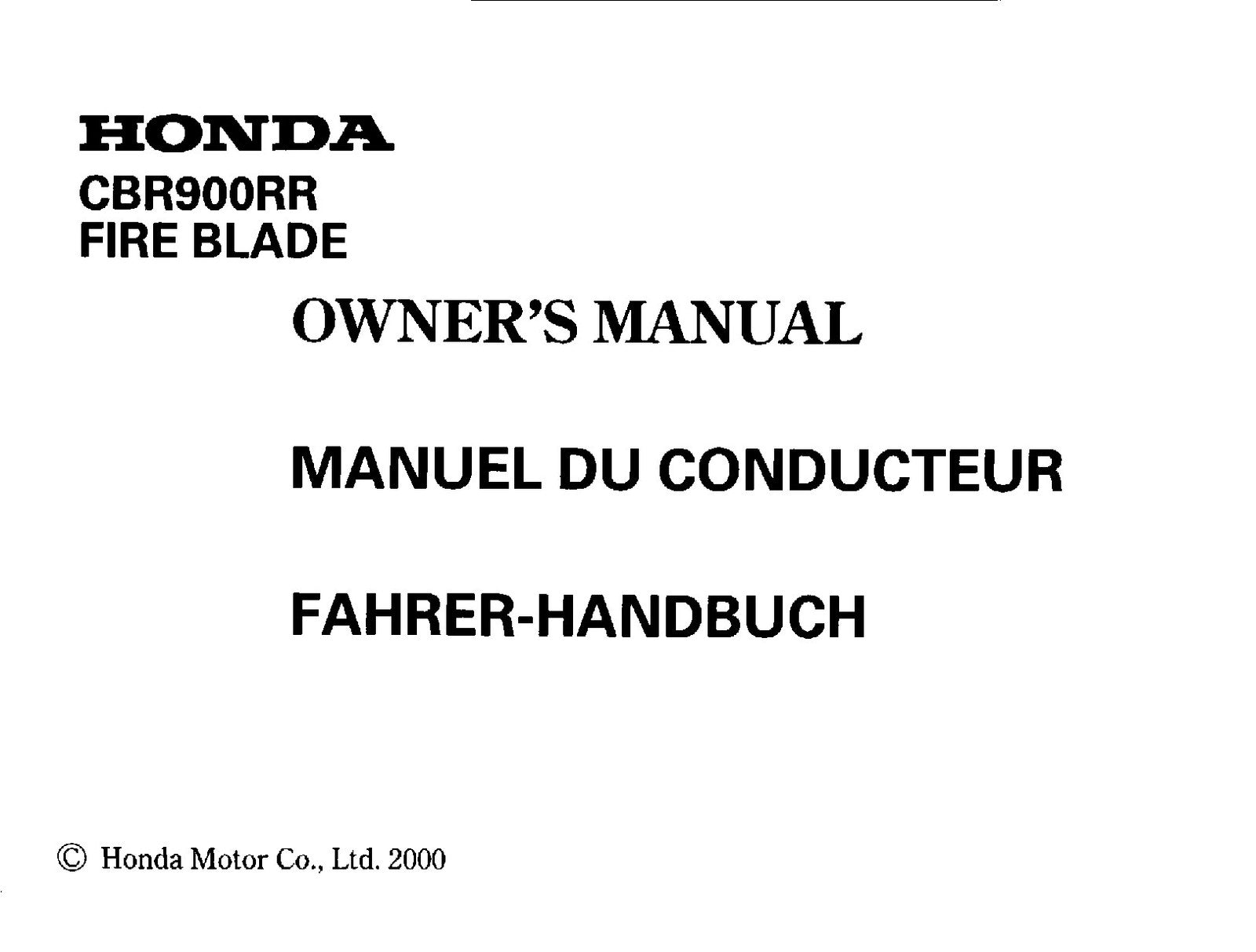 HONDA CBR900RR Fire Blade Owners Manual 2000 - BOUND - COVERS - XL FOLDOUT PAGES