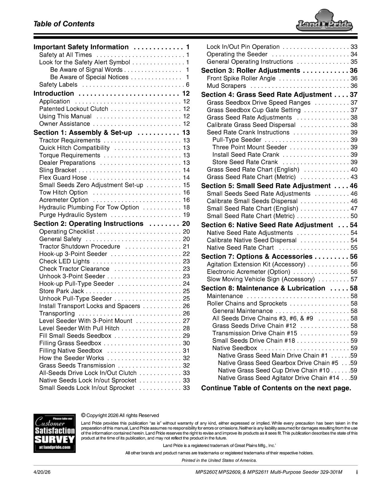 LAND PRIDE MPS26 Series Multi-purpose Seeder Operators Manual - WIRE BOUND